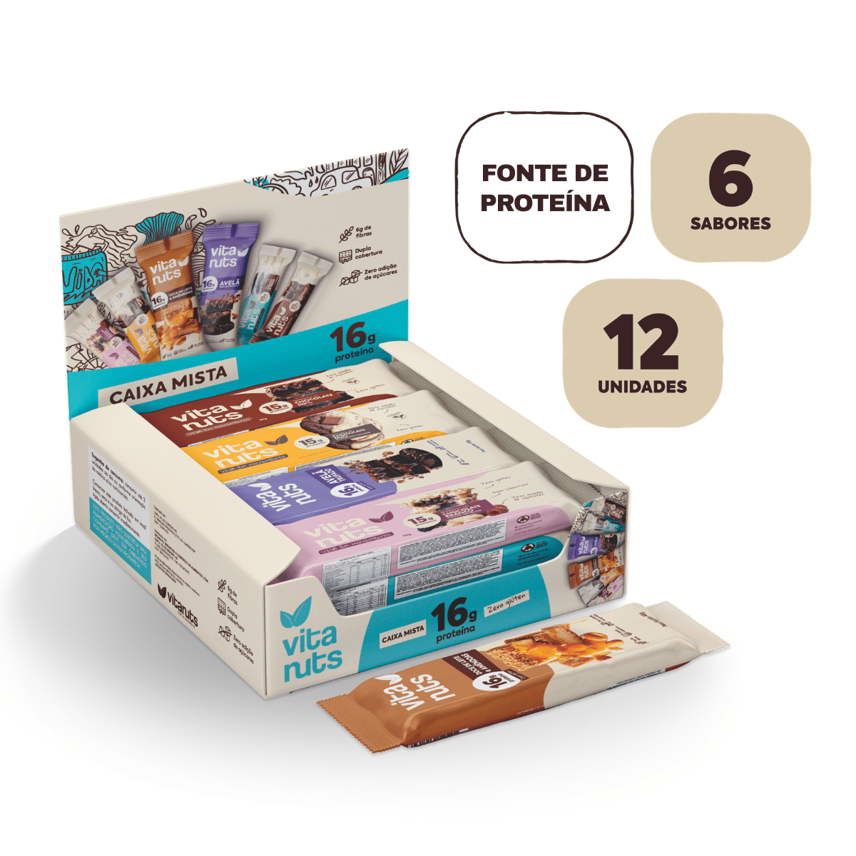 Barra de Proteína 16g e 15g Caixa Mista Vitanuts - 12 und - Vitanuts