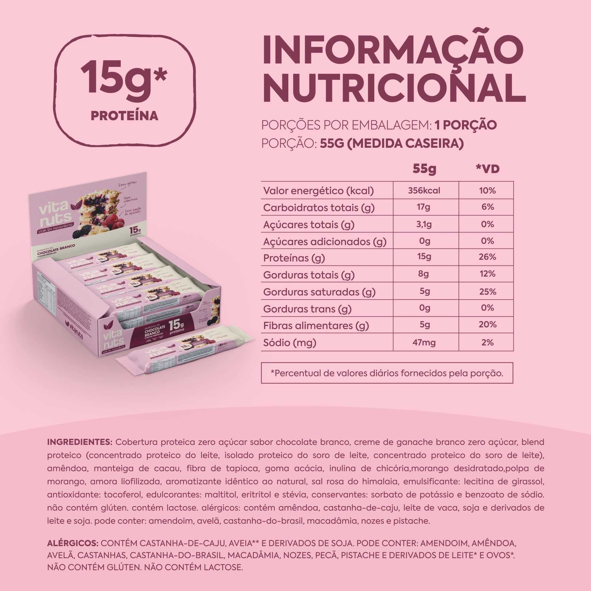 Barrinha de Proteína Vitanuts com 15g Proteína | Caixa 12 Unidades - Vitanuts
