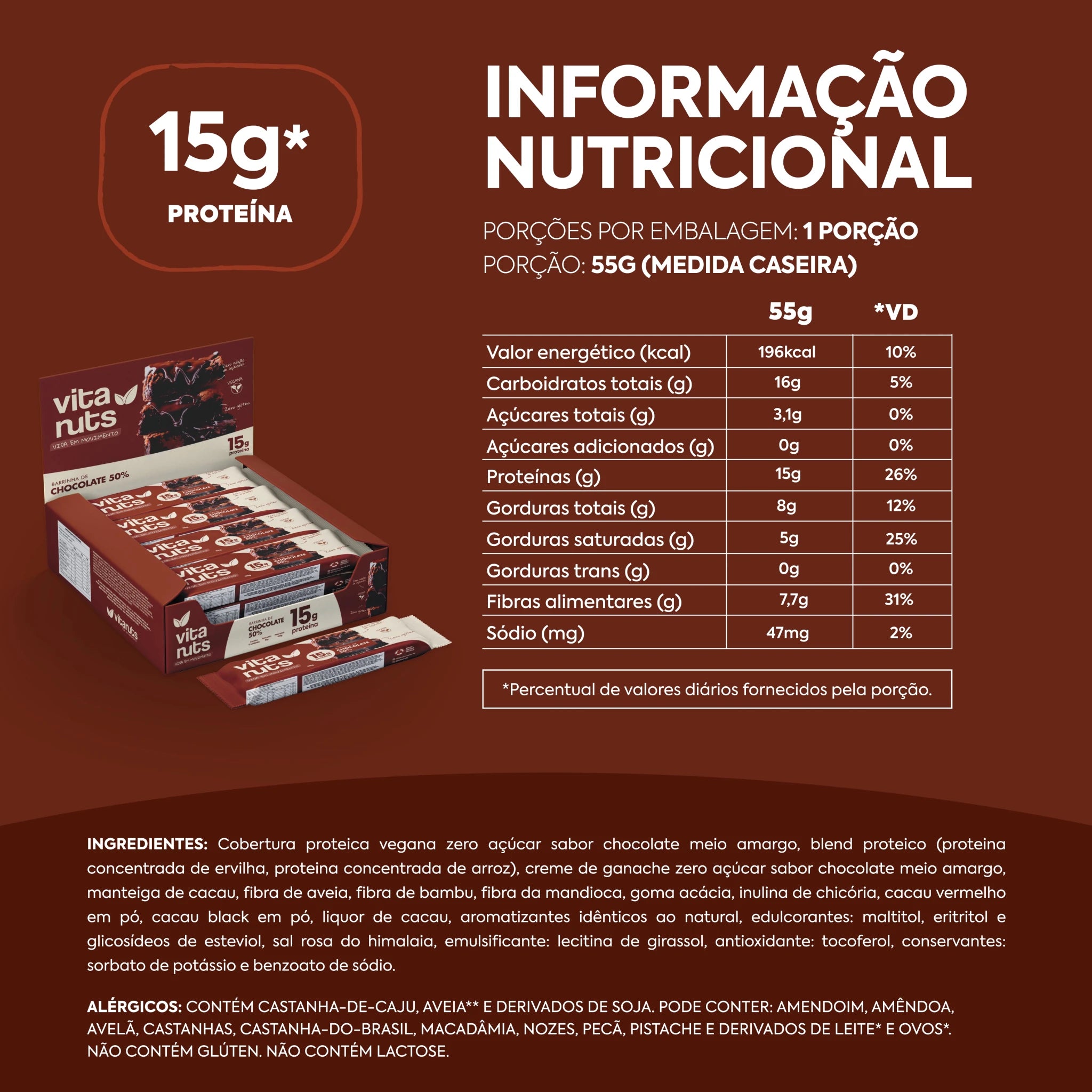 Caixa Barrinha Chocolate 50% - 12 un - Vitanuts