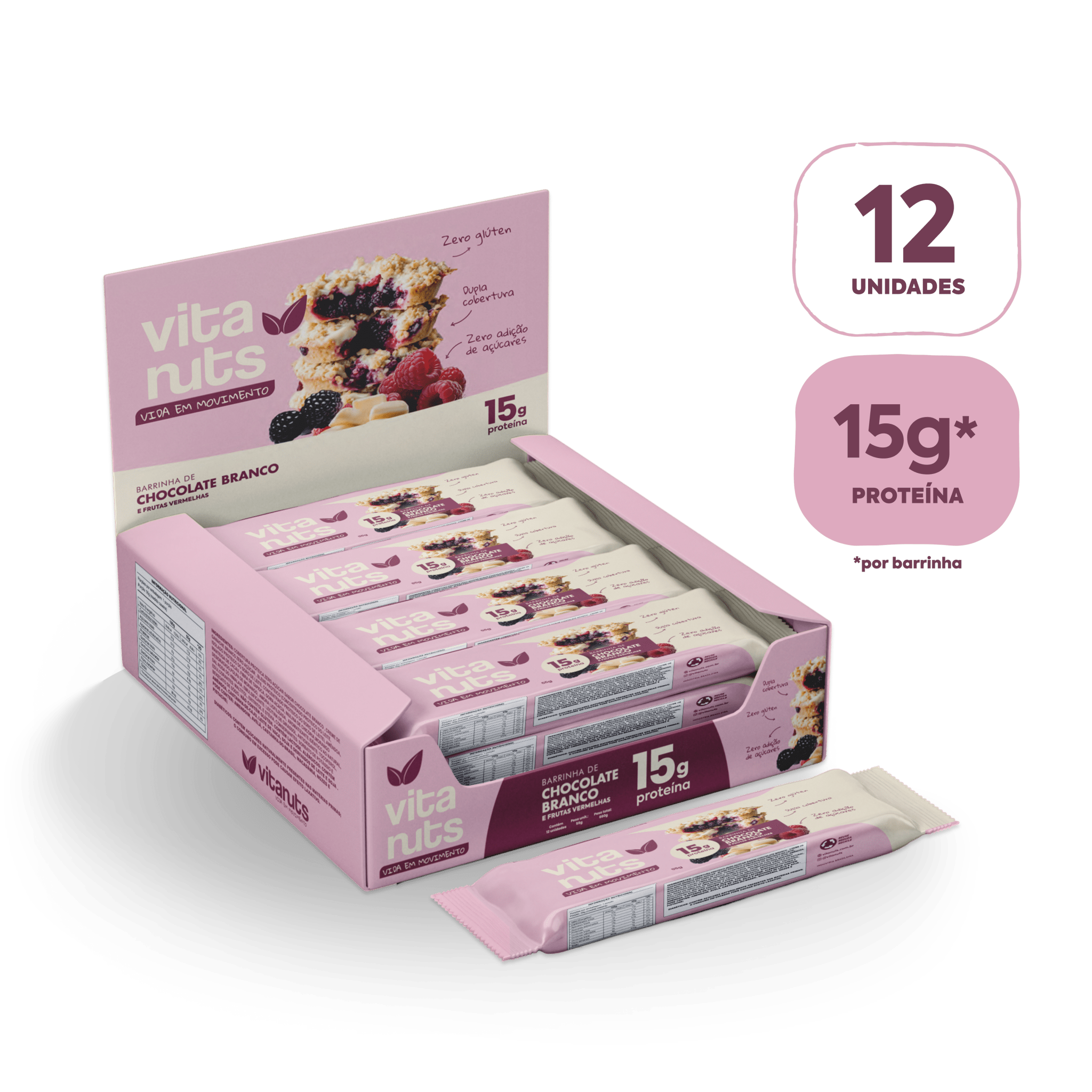 Caixa Barrinha Frutas Vermelhas e Chocolate Branco - 12 un - Vitanuts