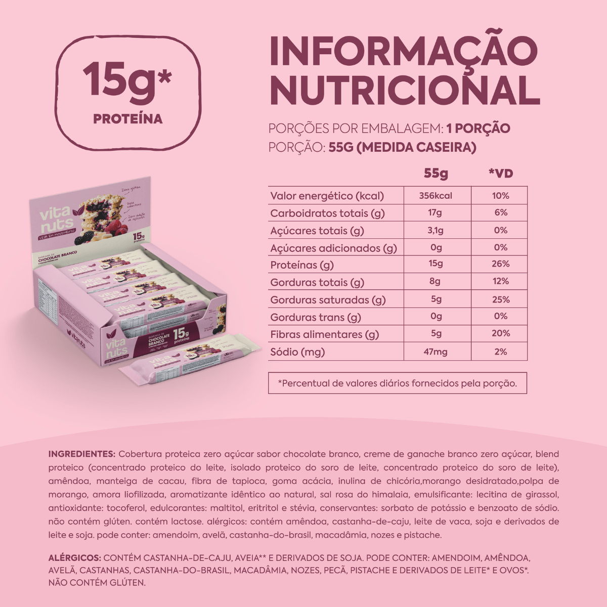 Caixa Barrinha Frutas Vermelhas e Chocolate Branco - 12 un - Vitanuts