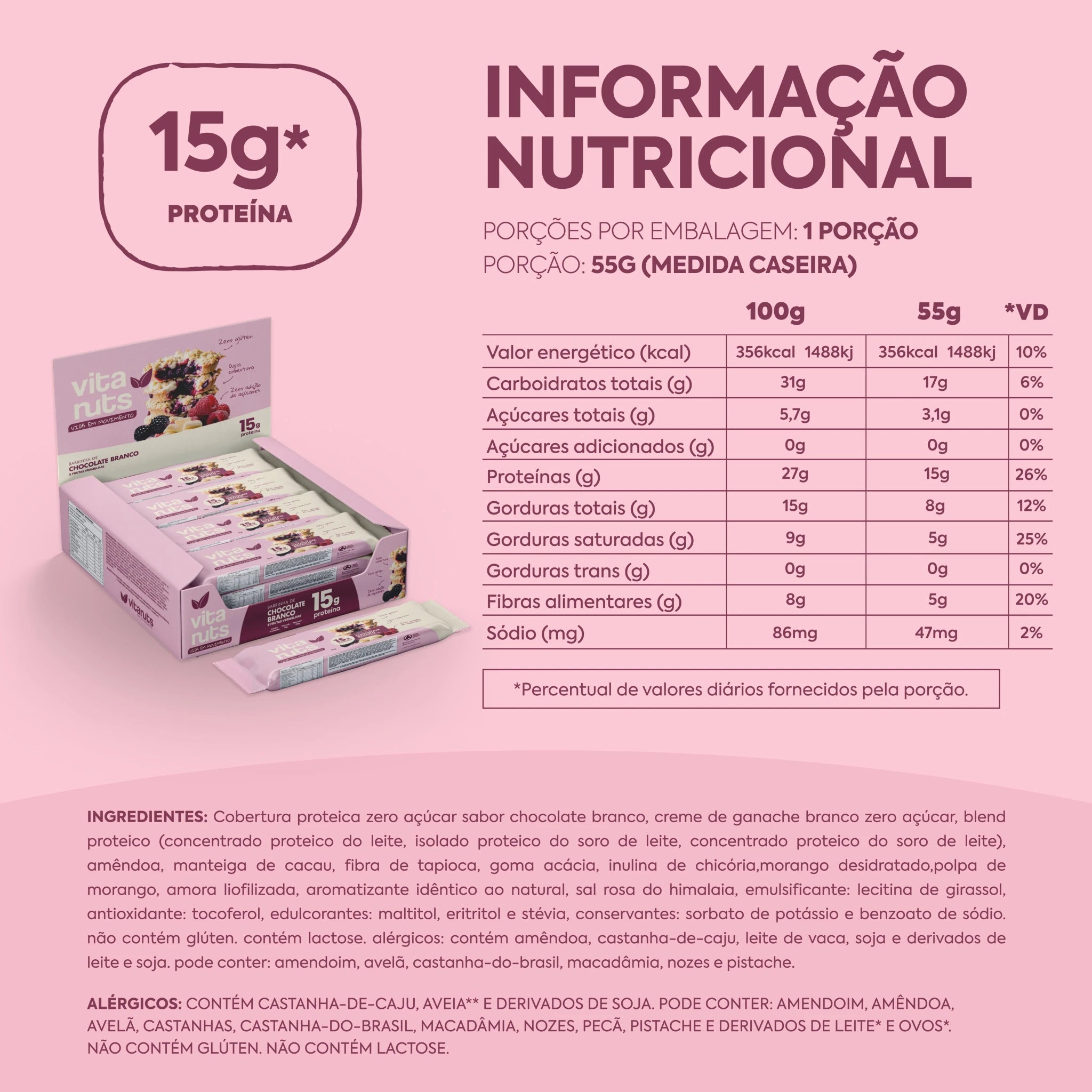 Caixa Barrinha Frutas Vermelhas e Chocolate Branco - 12 un - Vitanuts